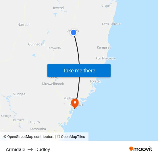 Armidale to Dudley map