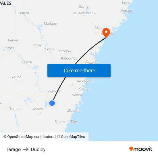 Tarago to Dudley map
