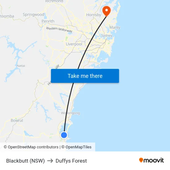 Blackbutt (NSW) to Duffys Forest map