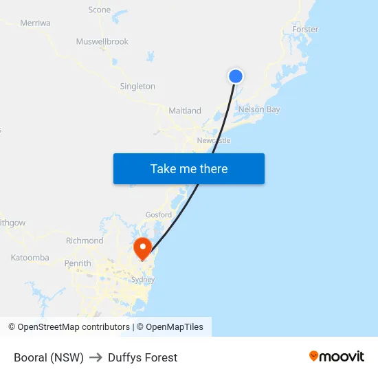 Booral (NSW) to Duffys Forest map