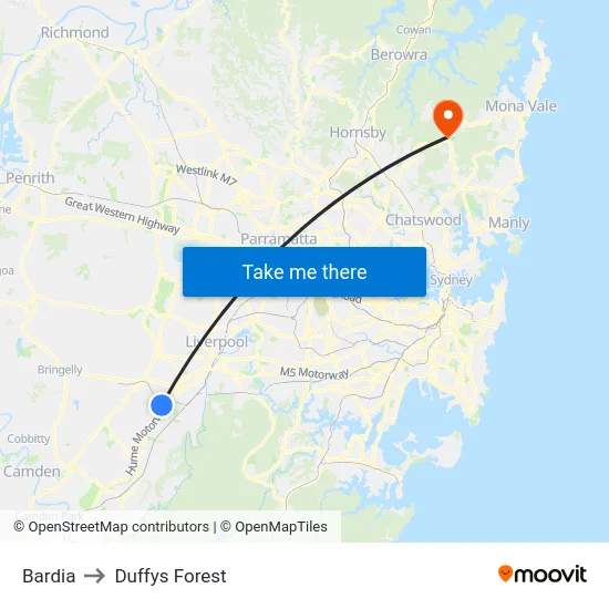 Bardia to Duffys Forest map