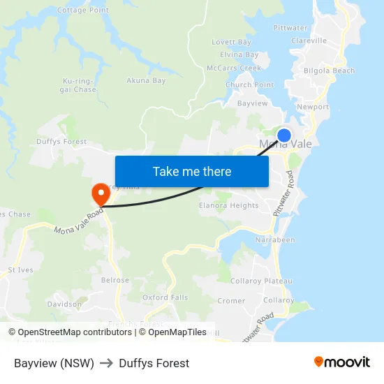 Bayview (NSW) to Duffys Forest map
