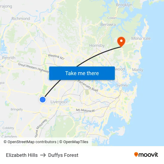 Elizabeth Hills to Duffys Forest map