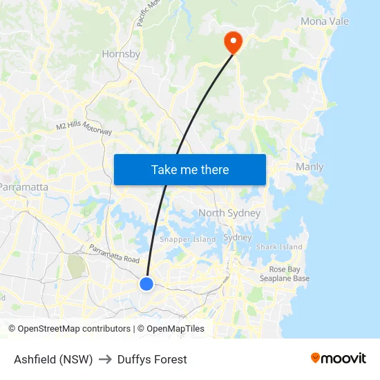 Ashfield (NSW) to Duffys Forest map