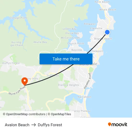 Avalon Beach to Duffys Forest map
