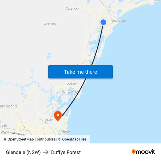 Glendale (NSW) to Duffys Forest map