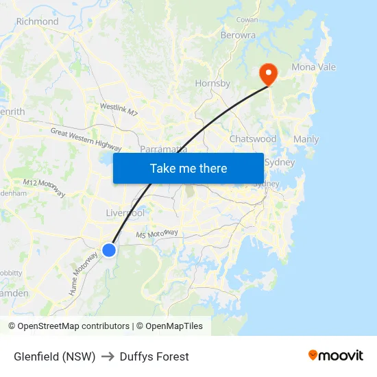 Glenfield (NSW) to Duffys Forest map