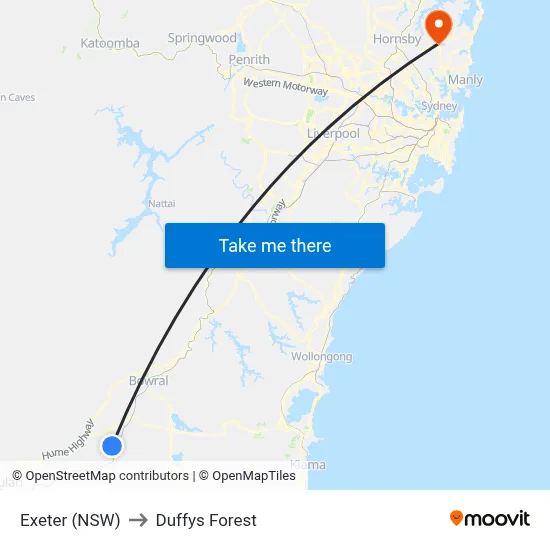 Exeter (NSW) to Duffys Forest map