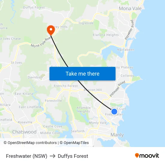 Freshwater (NSW) to Duffys Forest map