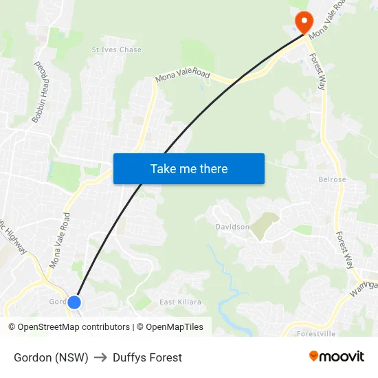 Gordon (NSW) to Duffys Forest map