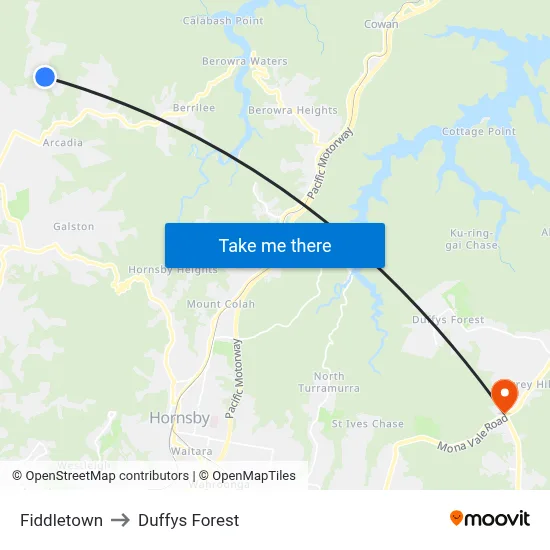 Fiddletown to Duffys Forest map