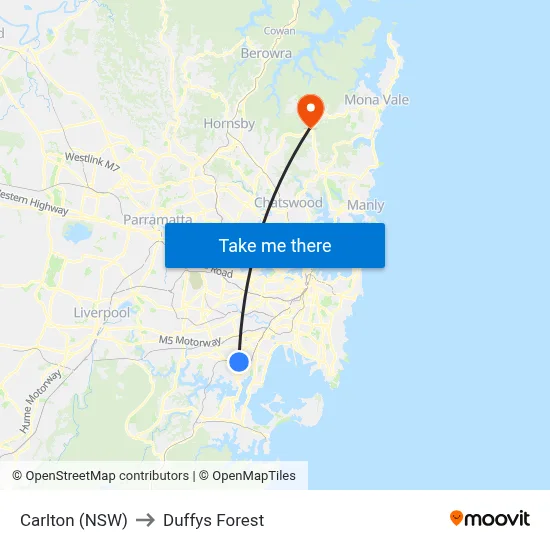 Carlton (NSW) to Duffys Forest map