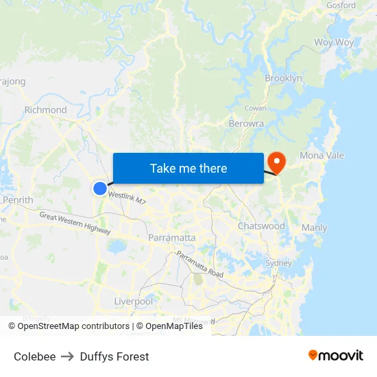 Colebee to Duffys Forest map