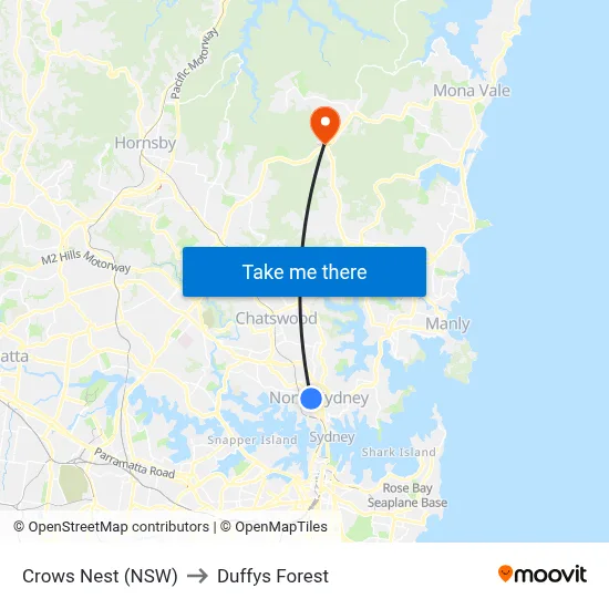 Crows Nest (NSW) to Duffys Forest map