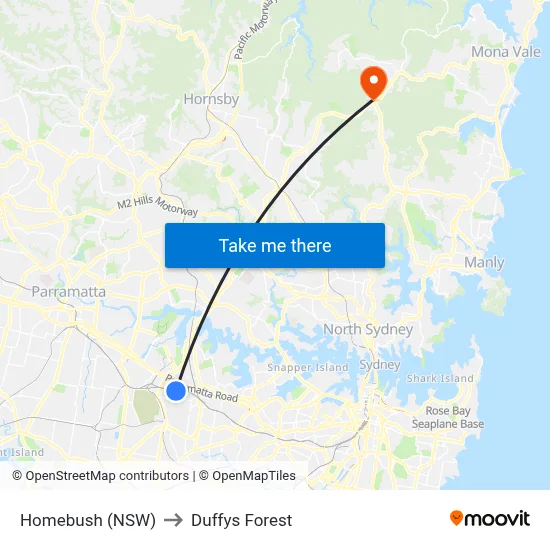 Homebush (NSW) to Duffys Forest map