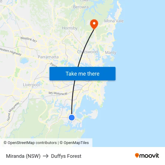 Miranda (NSW) to Duffys Forest map