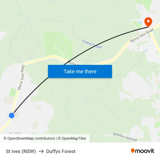 St Ives (NSW) to Duffys Forest map