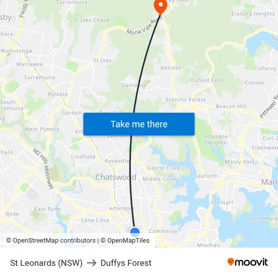 St Leonards (NSW) to Duffys Forest map