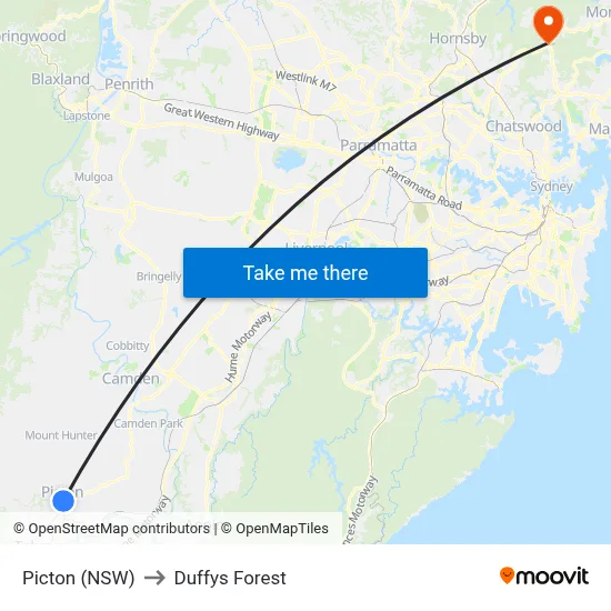 Picton (NSW) to Duffys Forest map