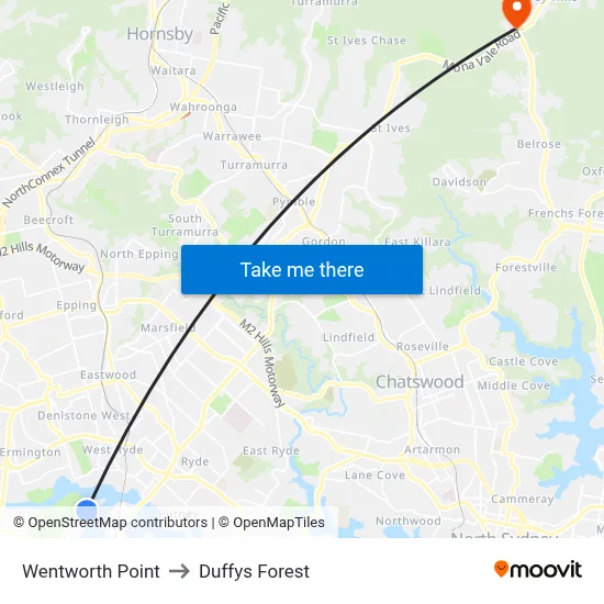 Wentworth Point to Duffys Forest map