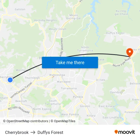 Cherrybrook to Duffys Forest map