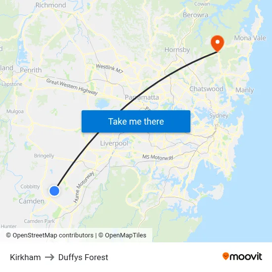 Kirkham to Duffys Forest map