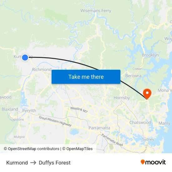 Kurmond to Duffys Forest map
