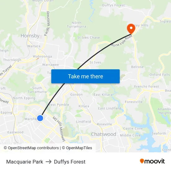 Macquarie Park to Duffys Forest map