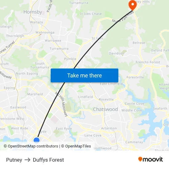 Putney to Duffys Forest map