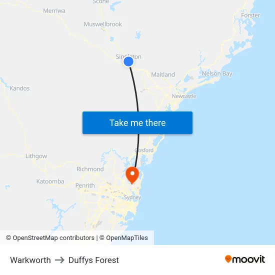 Warkworth to Duffys Forest map