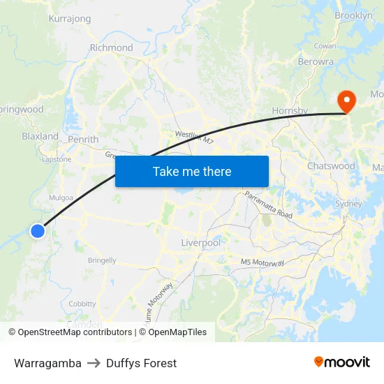 Warragamba to Duffys Forest map