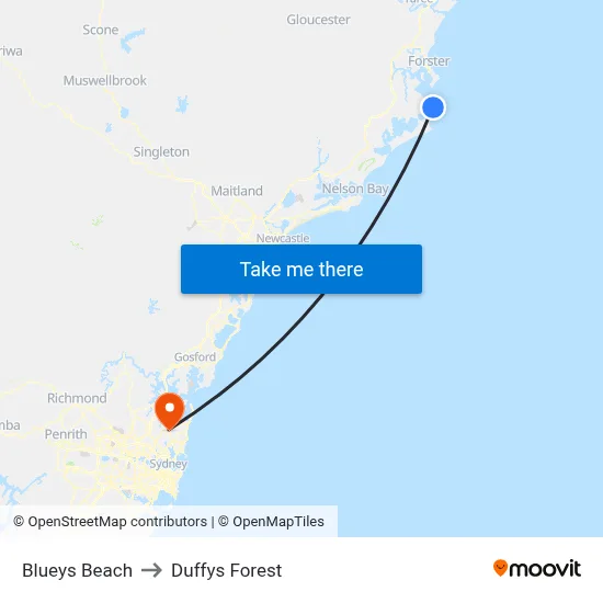 Blueys Beach to Duffys Forest map