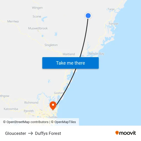 Gloucester to Duffys Forest map