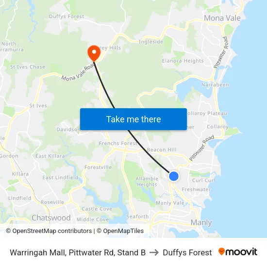 Warringah Mall, Pittwater Rd, Stand B to Duffys Forest map