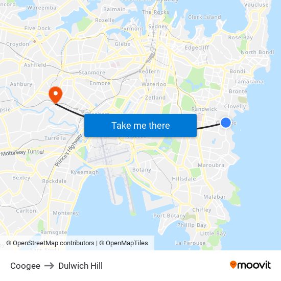 Coogee to Dulwich Hill map