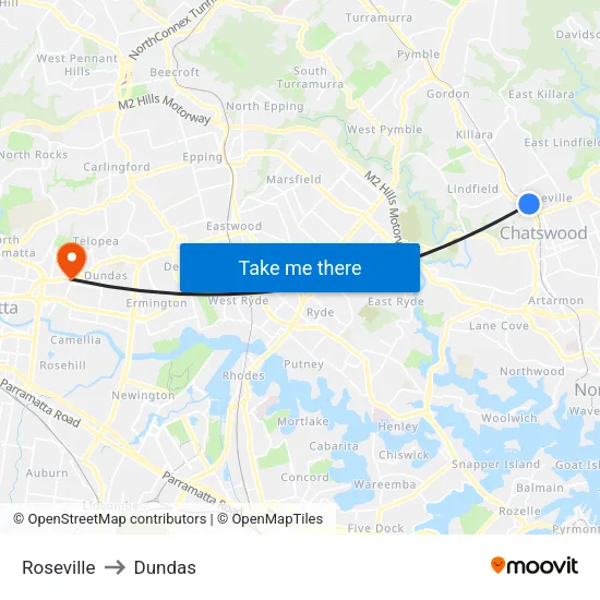 Roseville to Dundas map