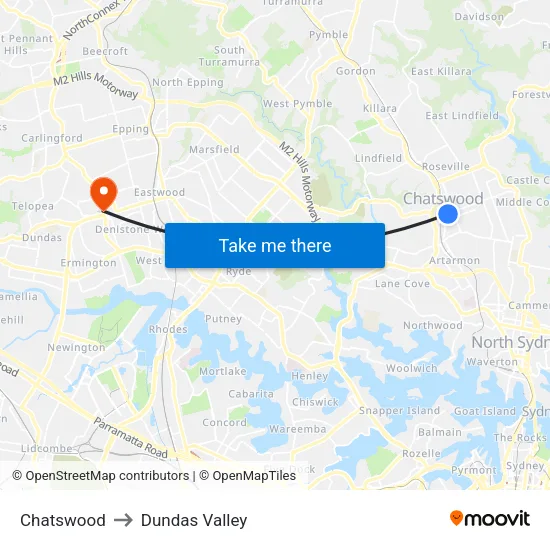 Chatswood to Dundas Valley map