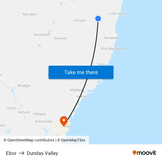 Ebor to Dundas Valley map