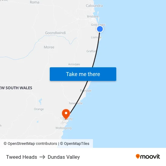 Tweed Heads to Dundas Valley map
