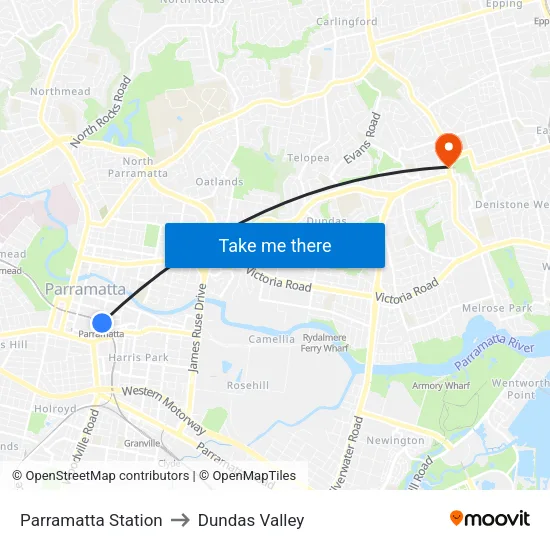 Parramatta Station to Dundas Valley map