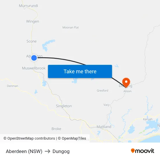 Aberdeen (NSW) to Dungog map