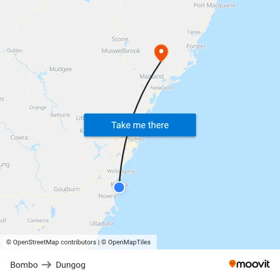 Bombo to Dungog map