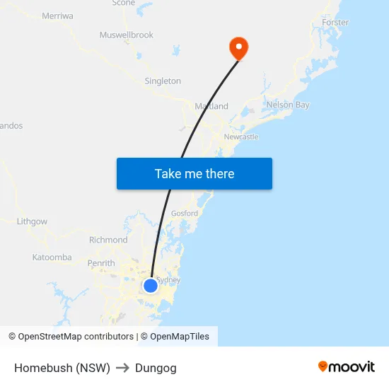 Homebush (NSW) to Dungog map
