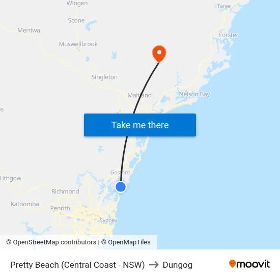 Pretty Beach (Central Coast - NSW) to Dungog map