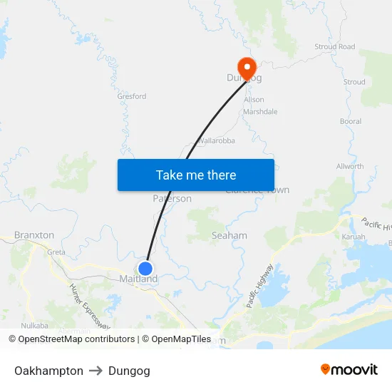 Oakhampton to Dungog map