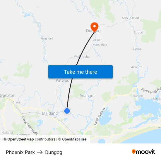 Phoenix Park to Dungog map