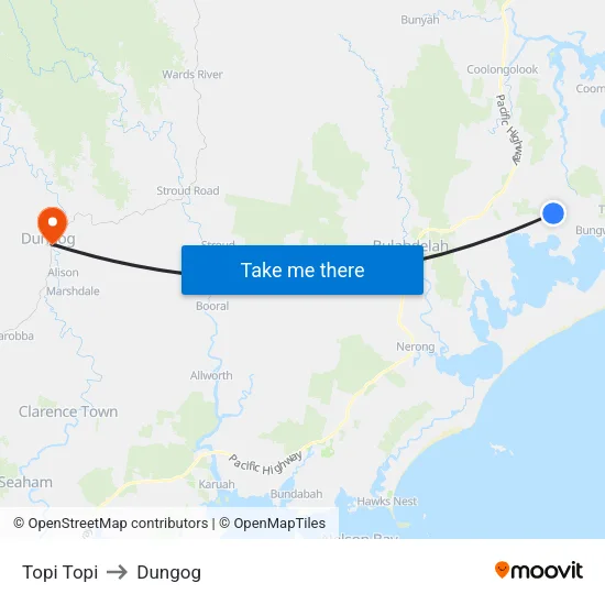 Topi Topi to Dungog map