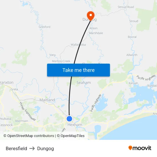 Beresfield to Dungog map
