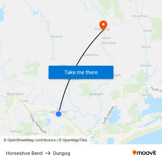 Horseshoe Bend to Dungog map