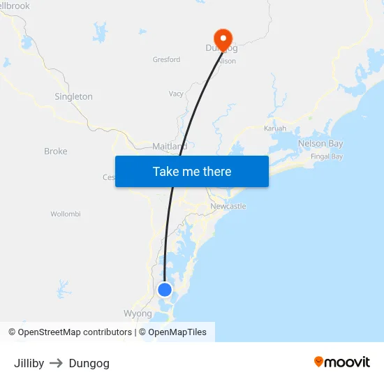 Jilliby to Dungog map